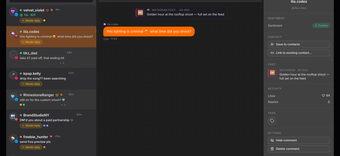 The Comments moderation hub: comment threads from multiple platforms with sentiment tags, reply-coverage indicators, and bulk moderation actions.
