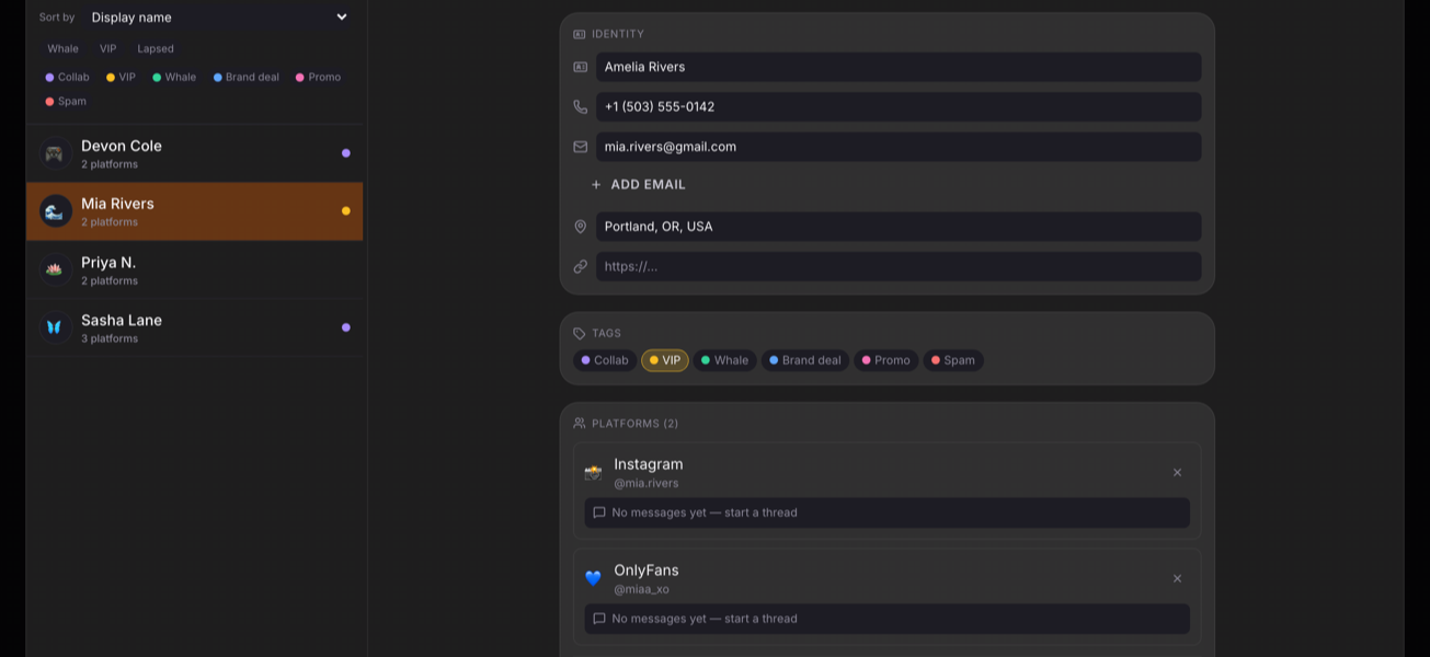 The Engage contact book: a cross-platform contact list with VIP and Whale tags beside a contact's identity, tags, top-spender total, and linked per-platform threads.