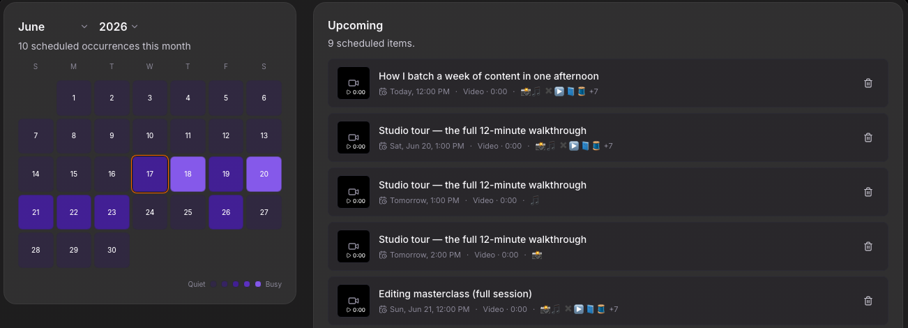 The publishing queue: a June calendar heatmap of scheduled occurrences beside a list of upcoming posts with dates, times, and target platforms.